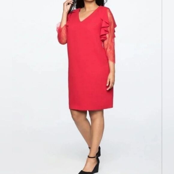 ELOQUII Red Lace Sleeve Ruffle Accent Shift Dress - Size 18 - Picture 2 of 11
